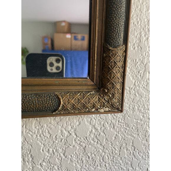 Vintage Ornate Rectangular Mirror 22x12” - Distressed Gold Frame - Picture 4 of 6